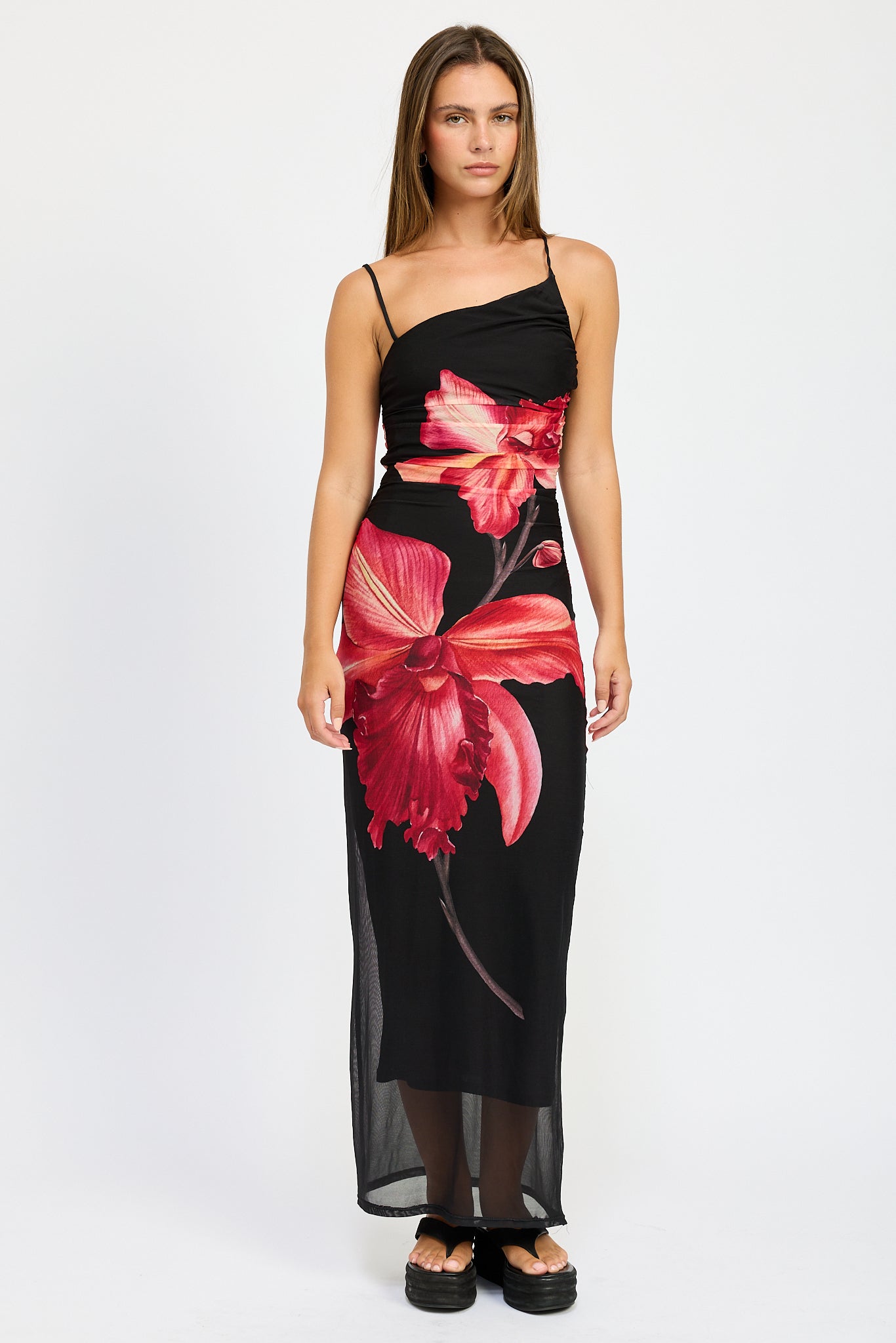 One Shoulder Ruched Maxi Dress - black with pink flower, womens dress collection