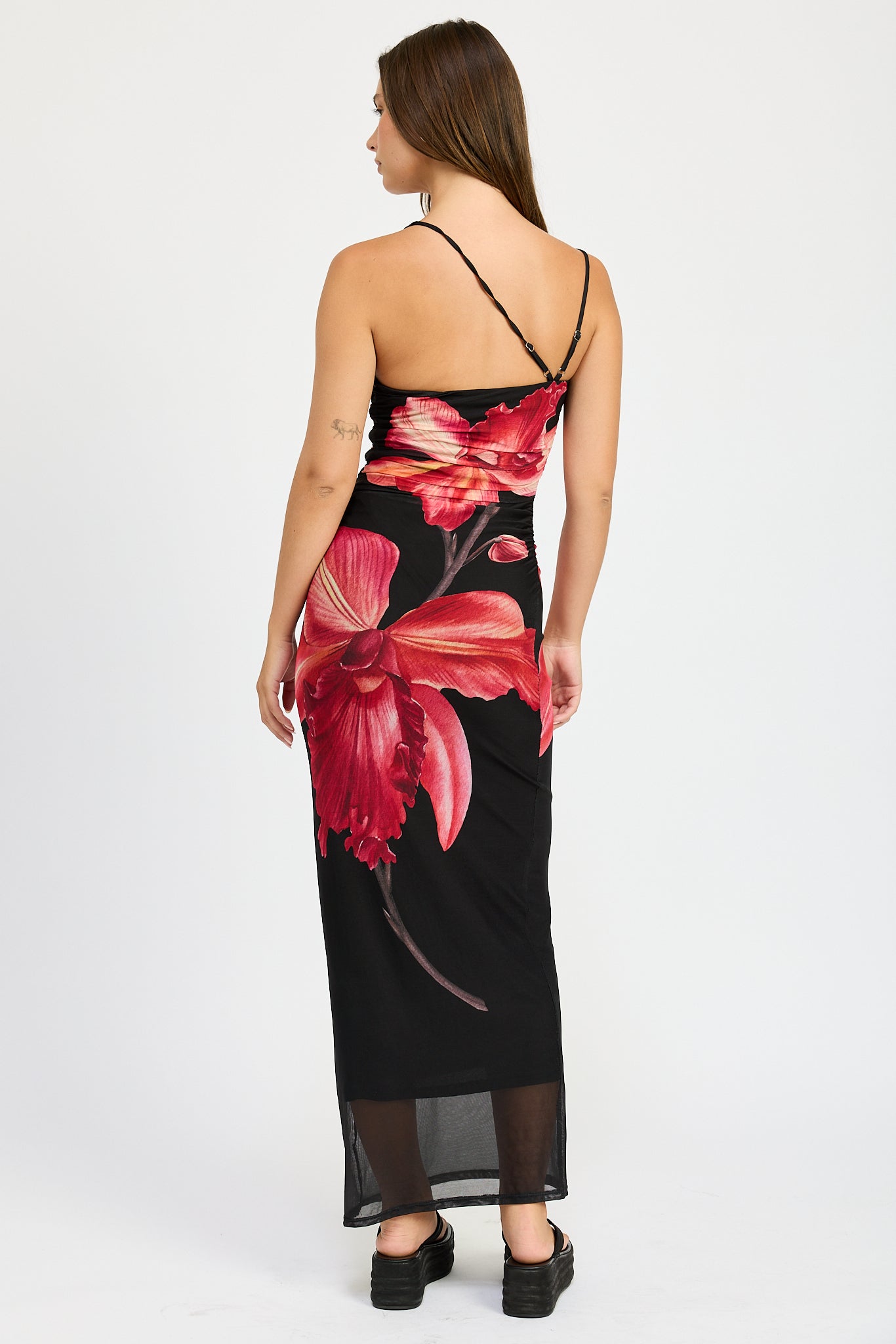 One Shoulder Ruched Maxi Dress - black with pink flower, womens dress collection