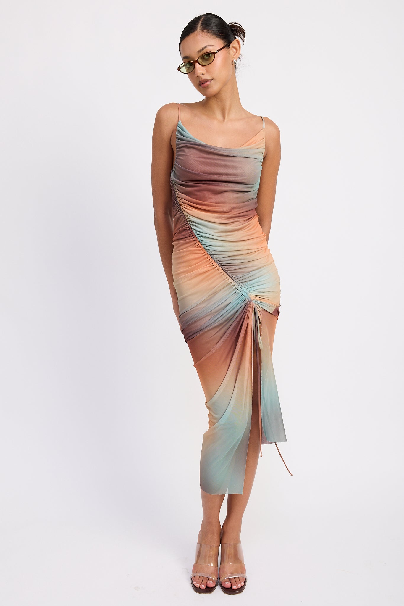 Ruched Split Mesh Dress - Sage, Women's Dresses Collection