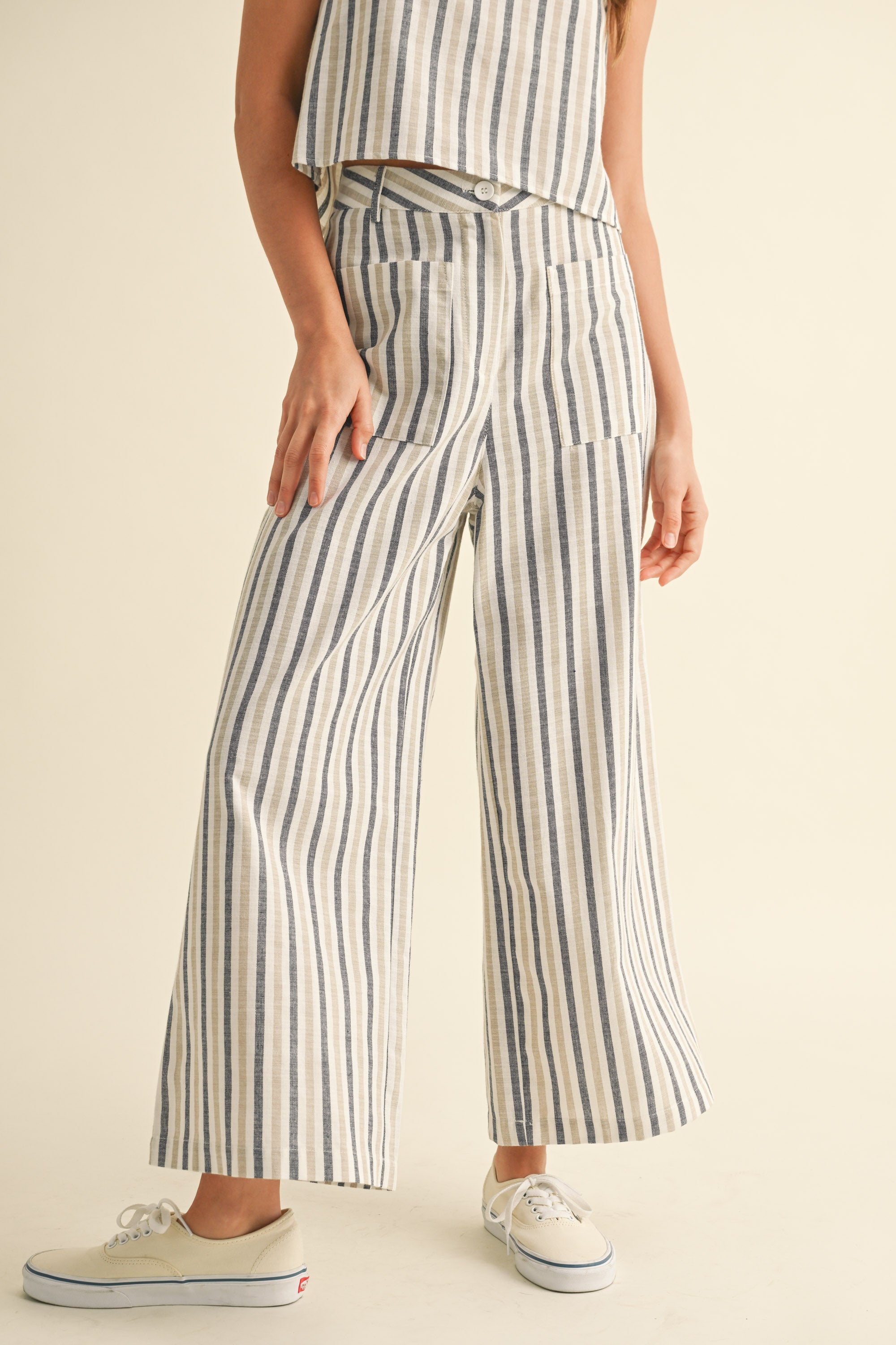 Stripe Pattern Trousers - Tan/Navy, Women's Pants Collection
