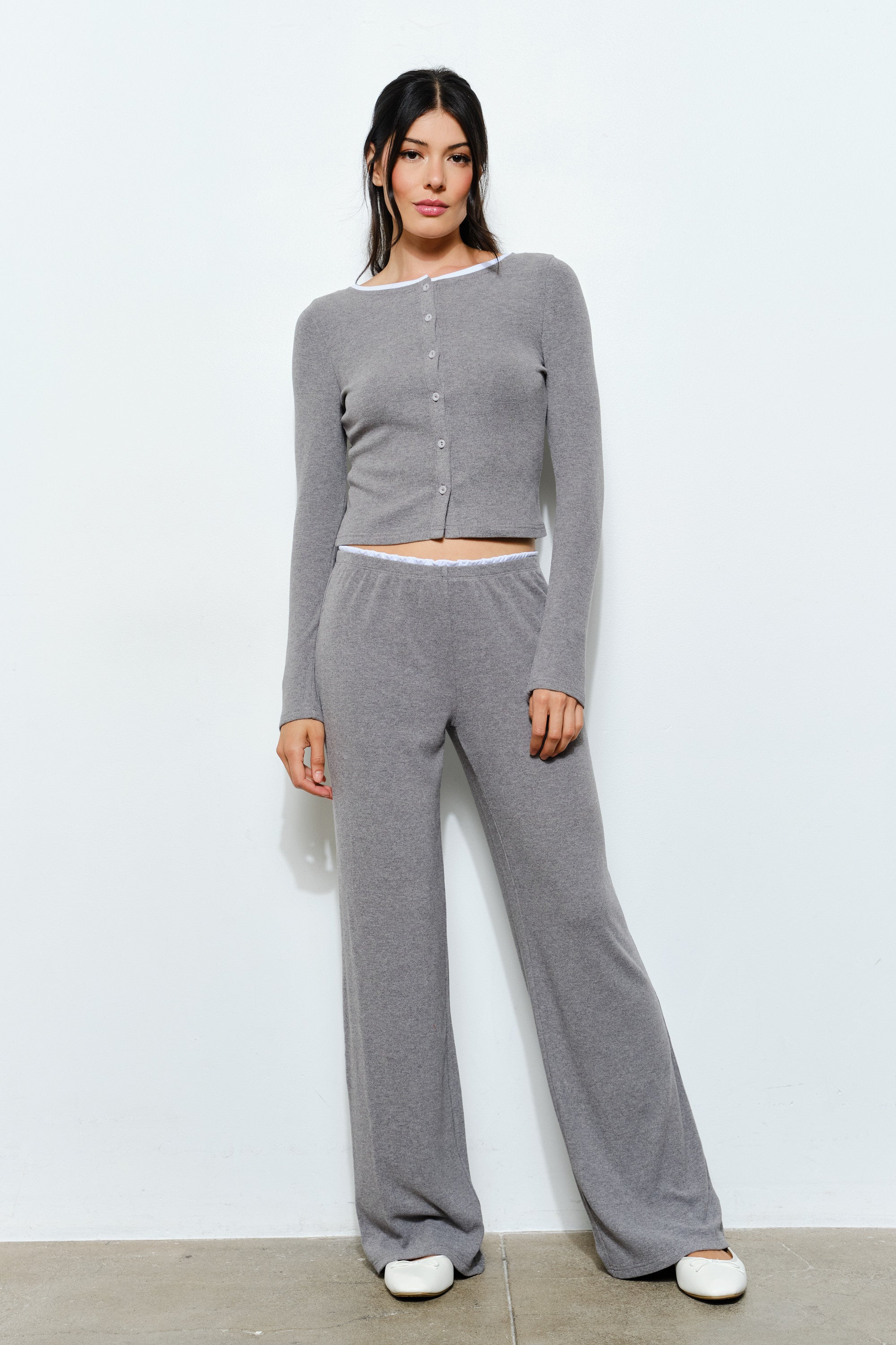 Fitted Top With Collar Detail - grey with white trim, womens top/matching set collection