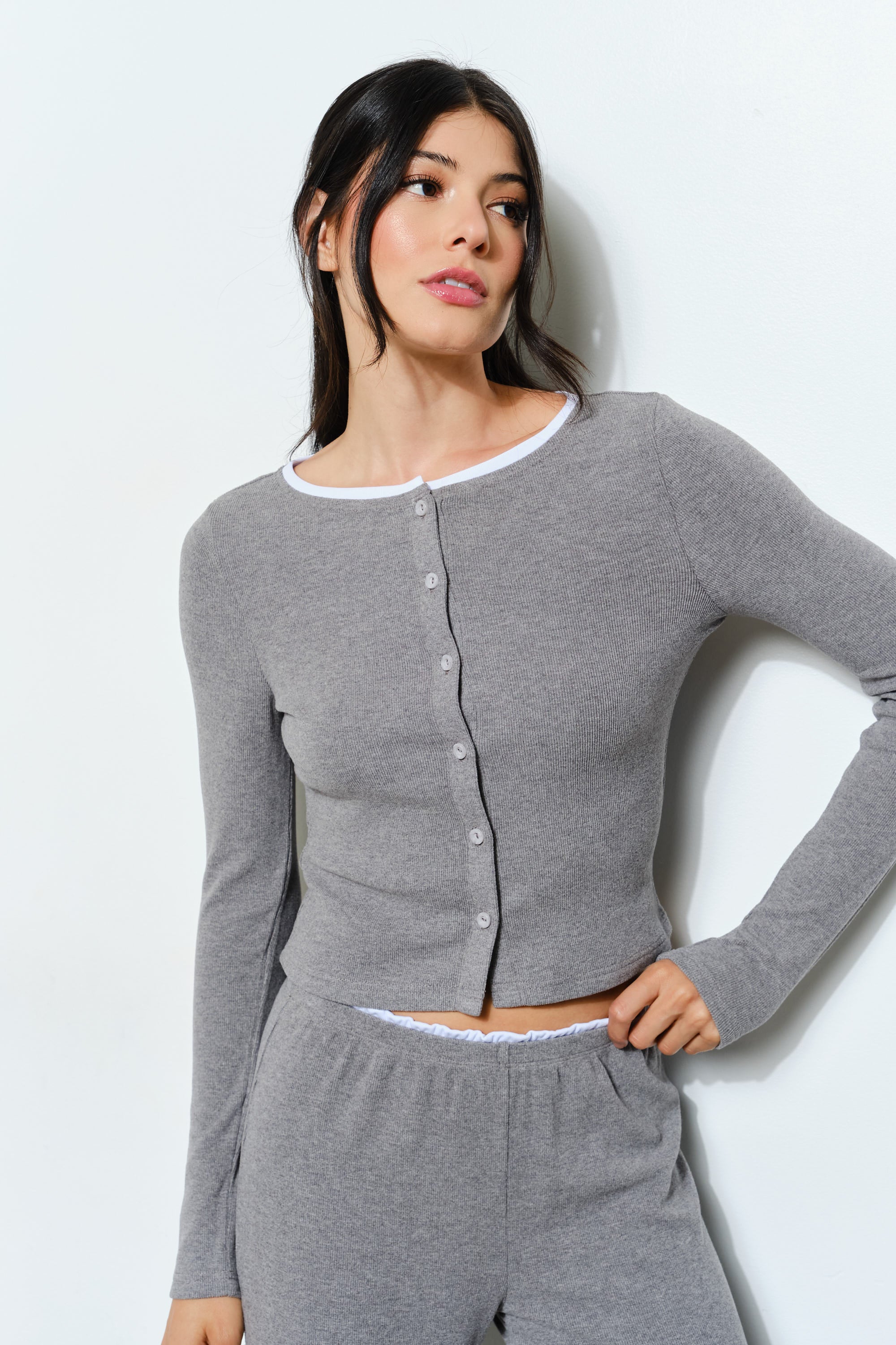 Fitted Top With Collar Detail - grey with white trim, womens top/matching set collection