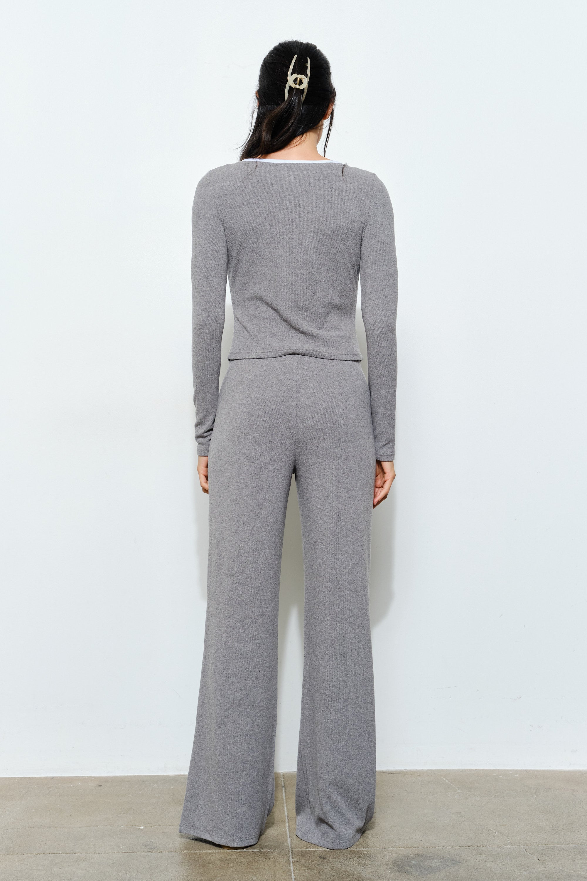 Fitted Top With Collar Detail - grey with white trim, womens top/matching set collection