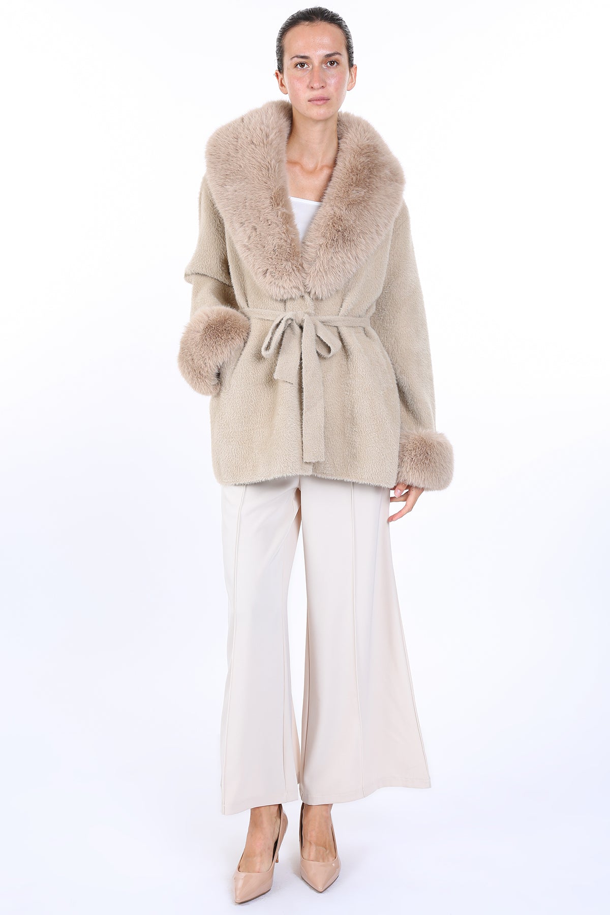 Fur Collar and Sleeve Coat - beige, womens jacket collection