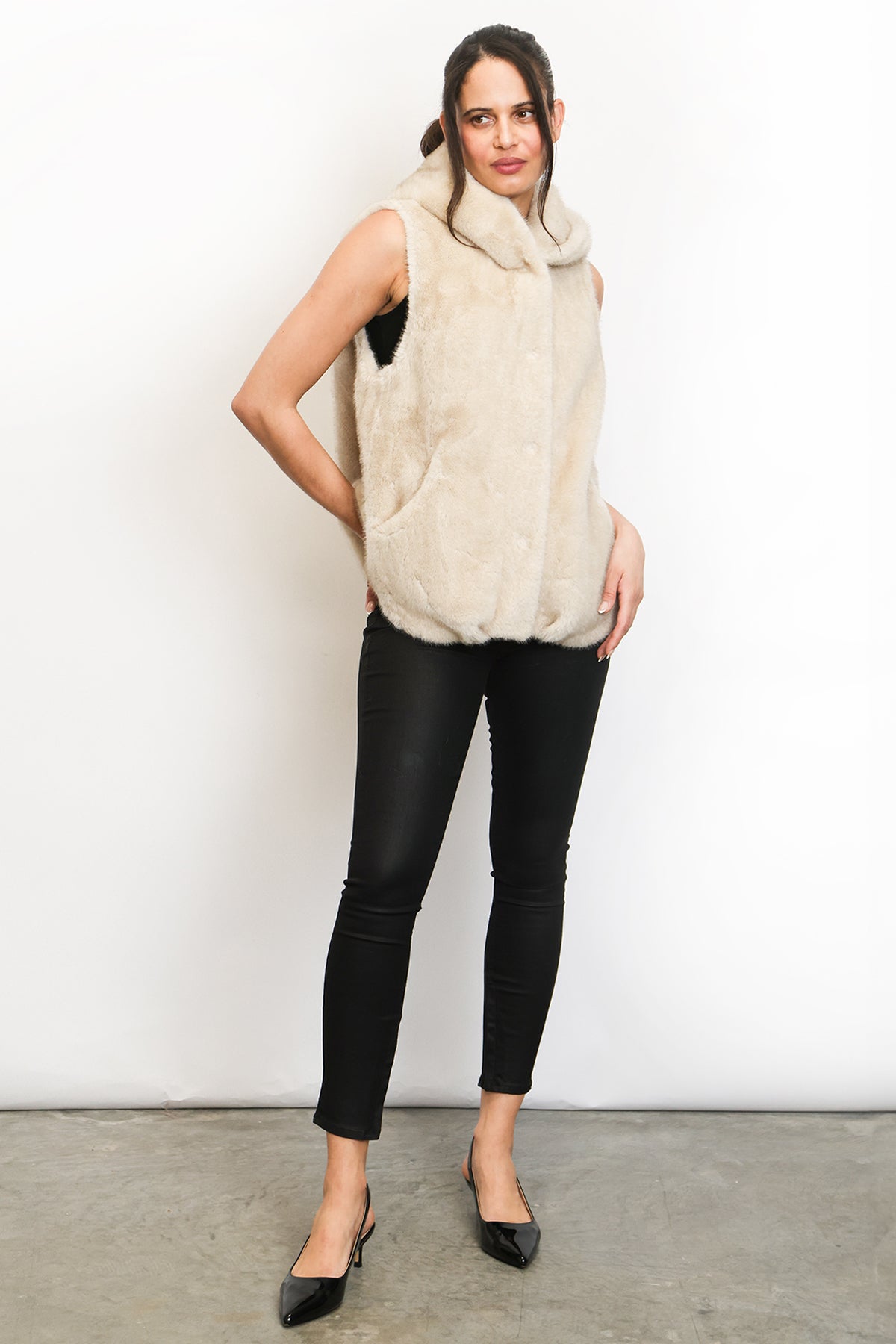 Fur Vest With Hood - ivory, womens vest collection