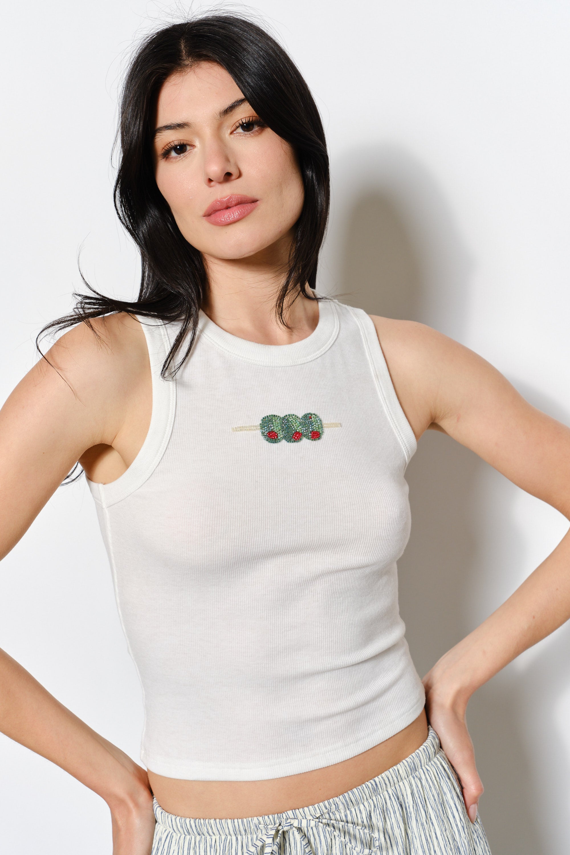 Embroidered Ozzy Olive Bread Tank - off white, womens tank top collection