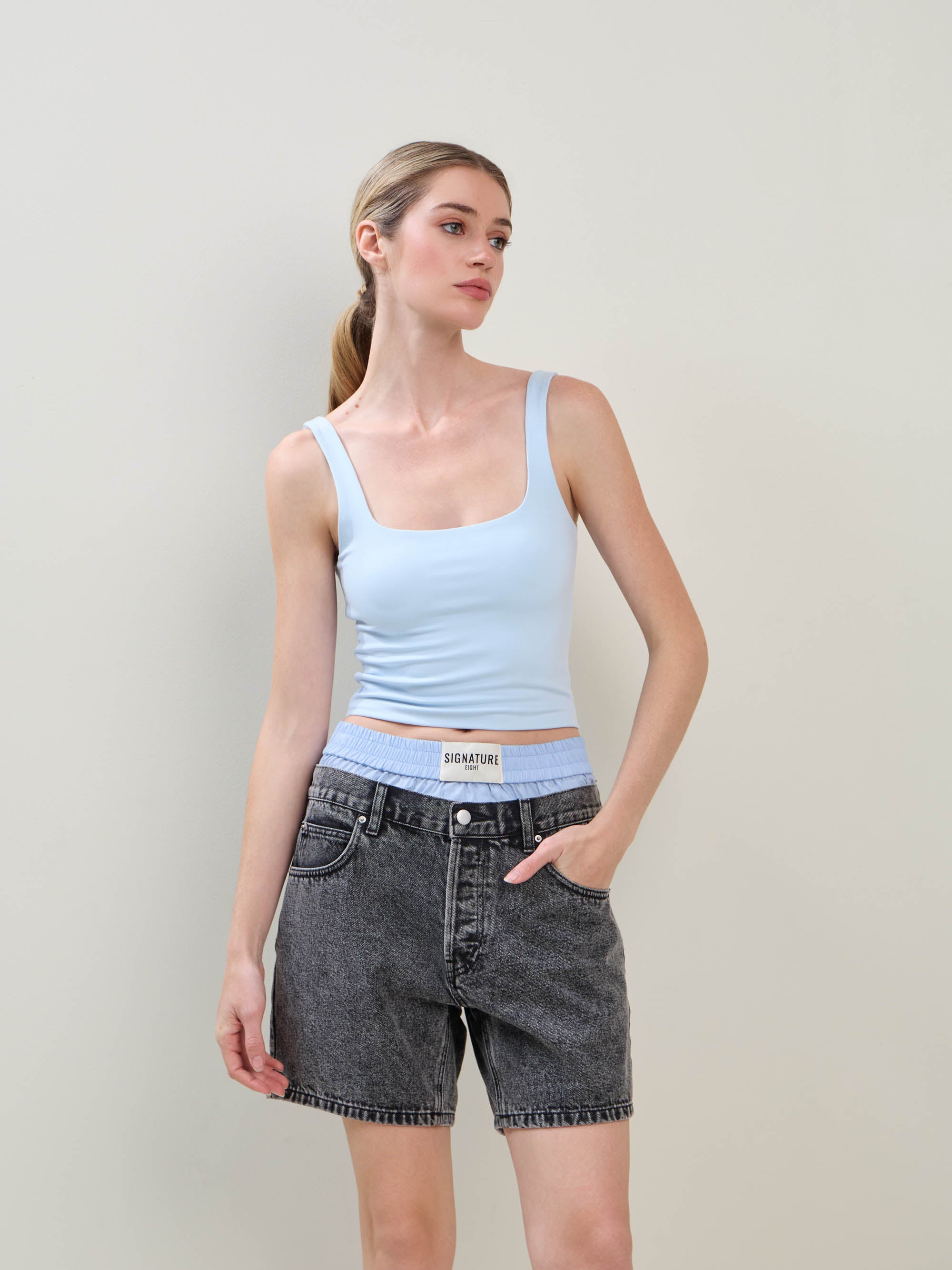 Square Neck Crop Top - Light Blue, Women's Tops Collection