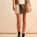 Patchwork Faux Suede Mini Skirt - brown combo, womens skirt collection