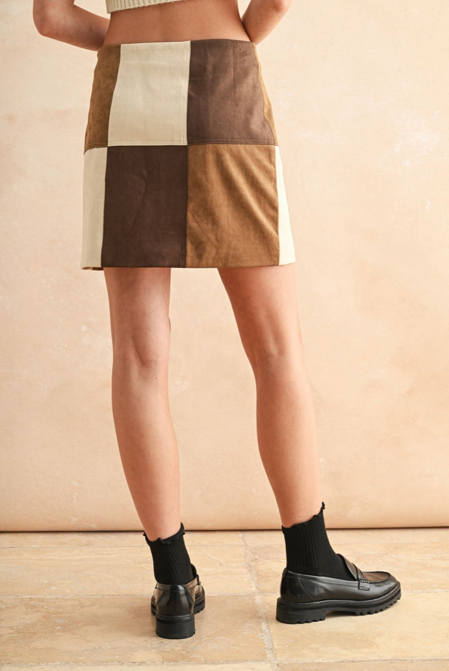 Patchwork Faux Suede Mini Skirt - brown combo, womens skirt collection