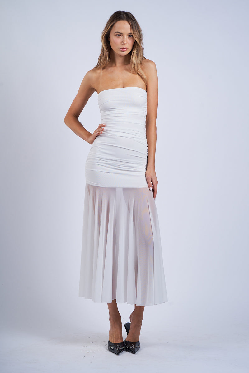 Strapless Ruched Midi Dress White / M Strapless Ruched Midi Dress White / M