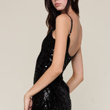 Sequin Round Neck Mini Dress - black, womens mini dress collection