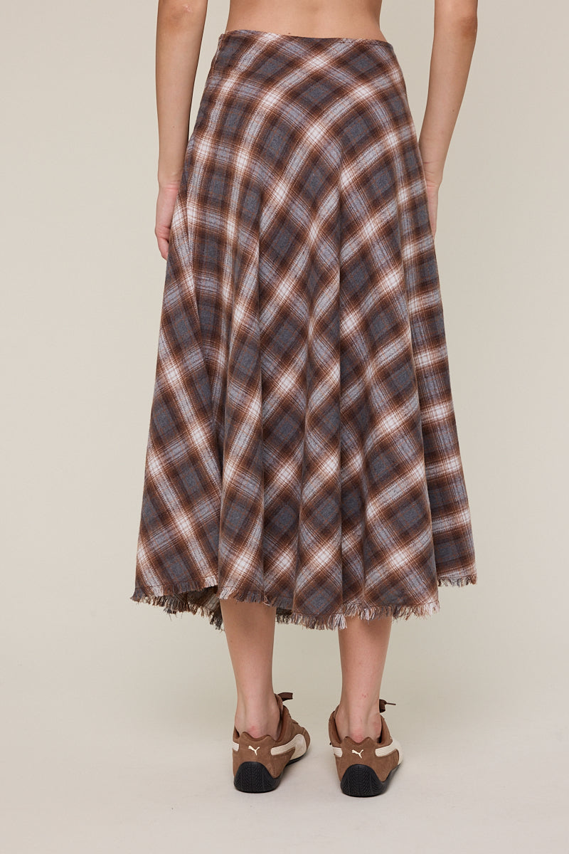 Checker Fringe Trim Down Long Midi Skirt - brown checkered, womens skirt collection