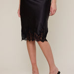 Satin Lace Trim Midi Skirt - black, womens midi skirt