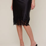 Satin Lace Trim Midi Skirt - black, womens midi skirt
