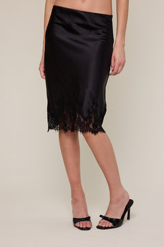 Satin Lace Trim Midi Skirt - black, womens midi skirt