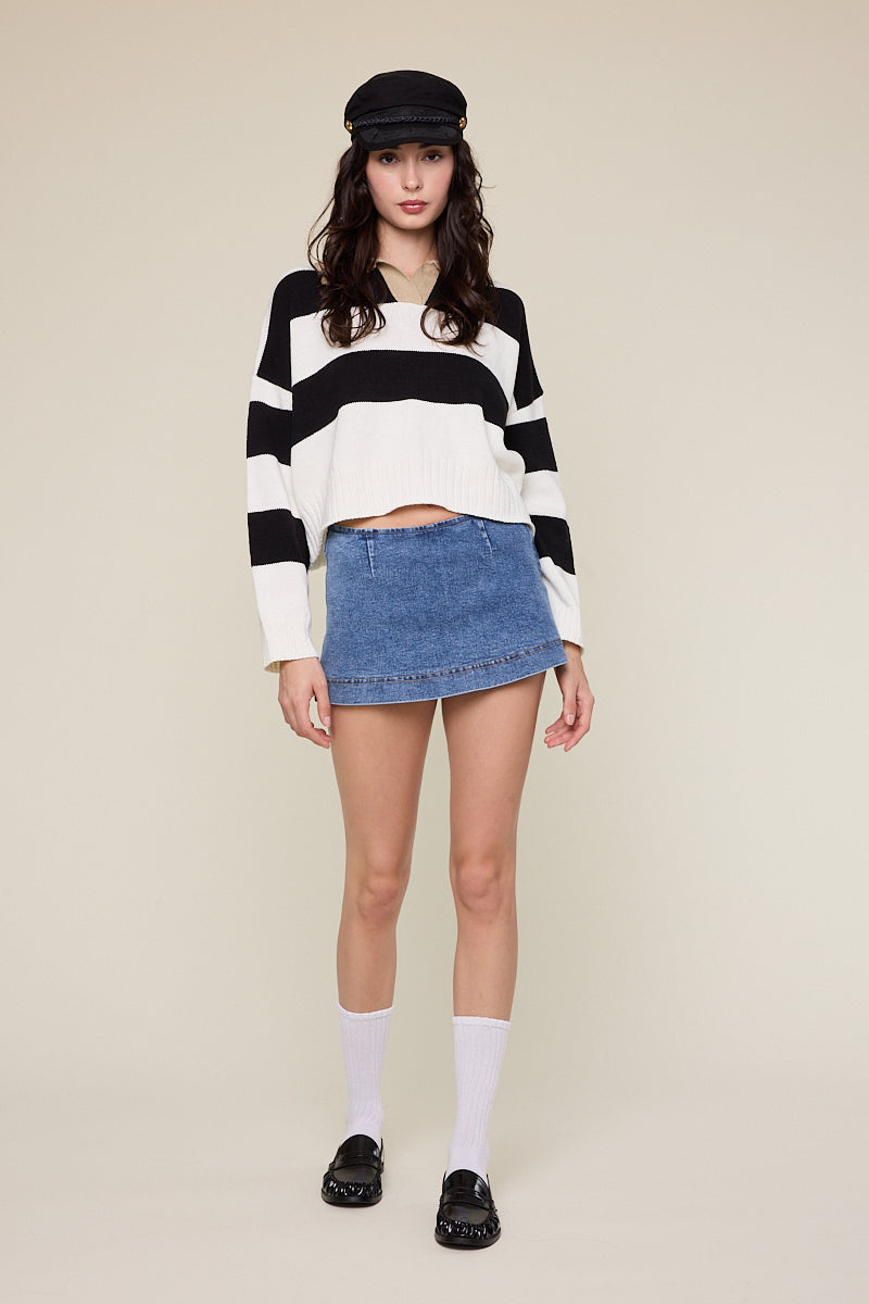 Stripe Collared Sweater - black and white stripe, womens sweater collection