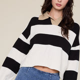 Stripe Collared Sweater - black and white stripe, womens sweater collection