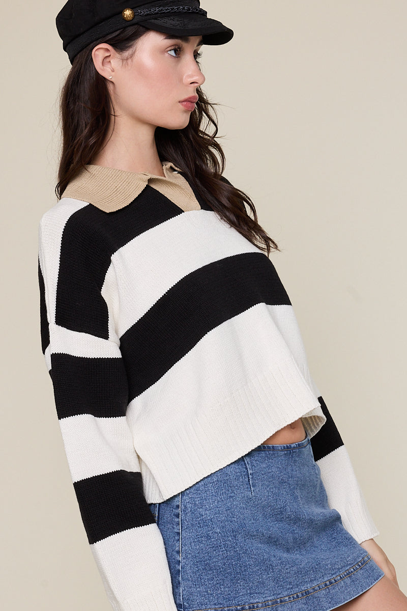 Stripe Collared Sweater - black and white stripe, womens sweater collection