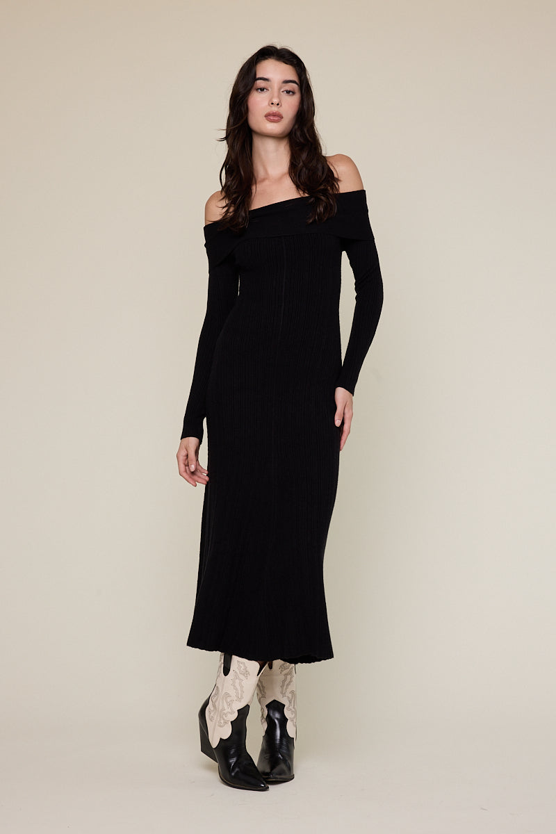 Off Shoulder Sweater Midi Dress - black, womens dress collection