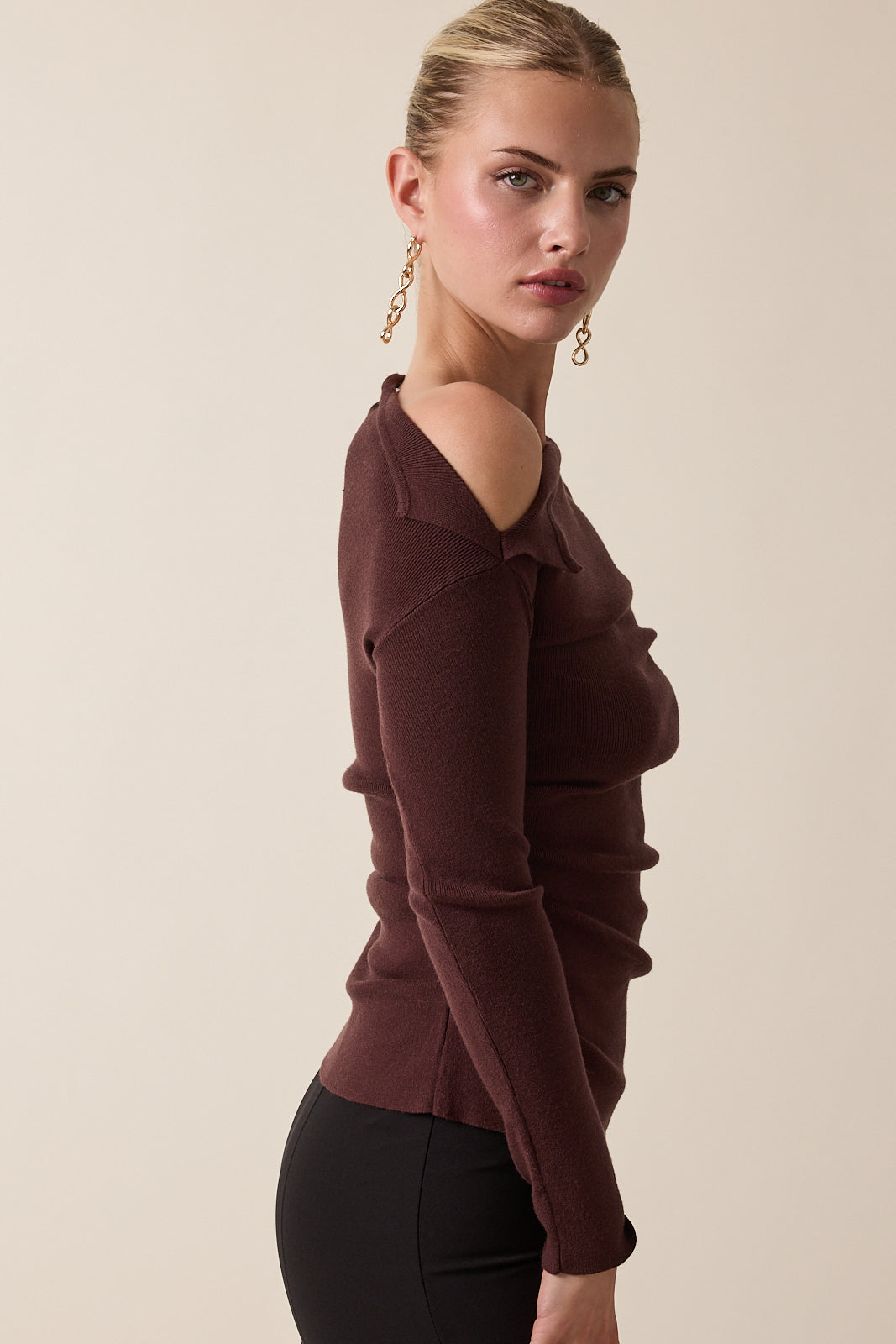 One Shoulder Sweater Top - brown, womens sweater collection