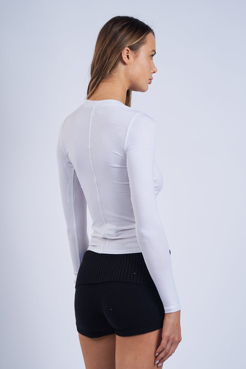 Ribbed Button Front Long Sleeve Top - White, Women's Tops Collection
