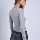 Button Detail Long Sleeve Knit Top - Heather Grey, Women's Tops Collection