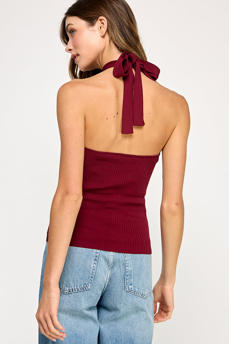 Ribbed Halter Top With Bow Tie - cherry red, womens top collection