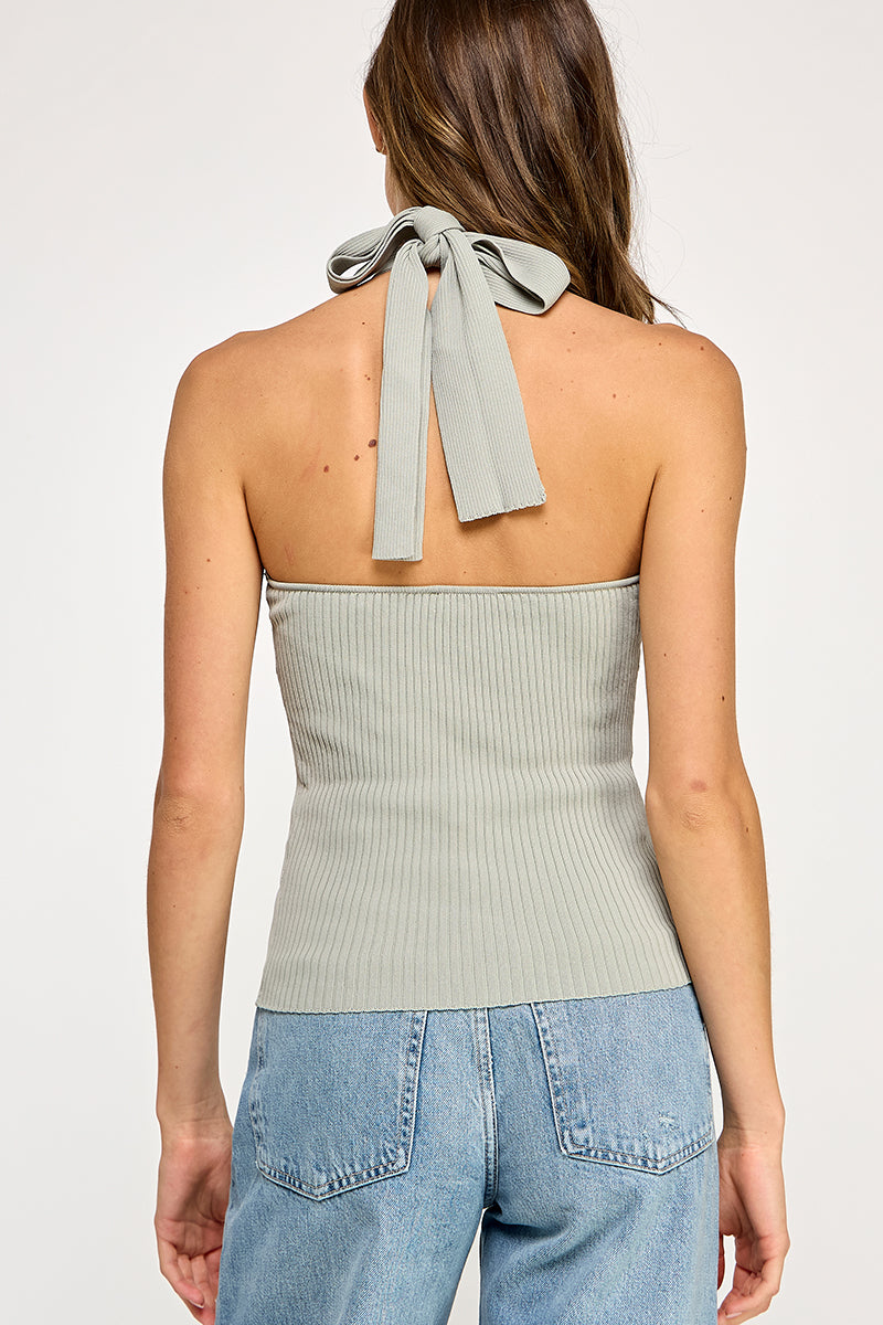 Ribbed Halter Top With Bow Tie - sea green, womens top collection
