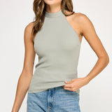 Ribbed Halter Top With Bow Tie - sea green, womens top collection