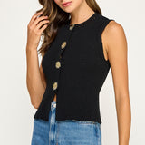 Sleeveless Knit Cardigan with Starburst Buttons