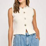Sleeveless Knit Cardigan with Starburst Buttons