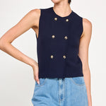 Double Button Sweater Vest - Navy, Women's Tops Collection