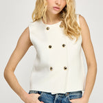 Double Button Sweater Vest - White, Women's Tops Collection