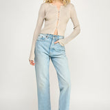 Ribbed Button Down long sleeve Top - 3 button front closure, beige, women's top collection
