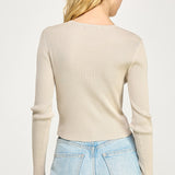 Ribbed Button Down long sleeve Top - 3 button front closure, beige, women's top collection