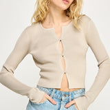 Ribbed Button Down long sleeve Top - 3 button front closure, beige, women's top collection