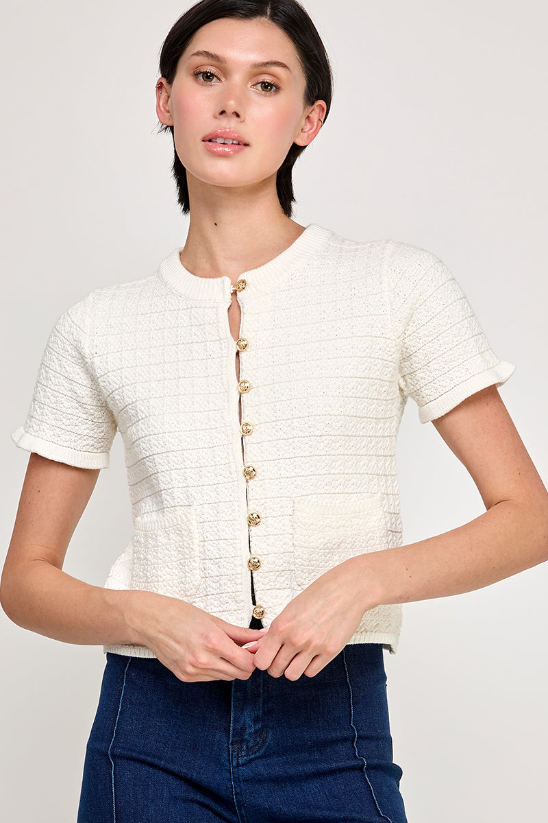 Ruffled Knit Sweater Cardigan - Off White, Women's Tops Collection