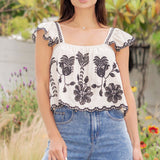 Embroidery Sleeveless Linen Top - Oatmeal, Women's Top's Collection