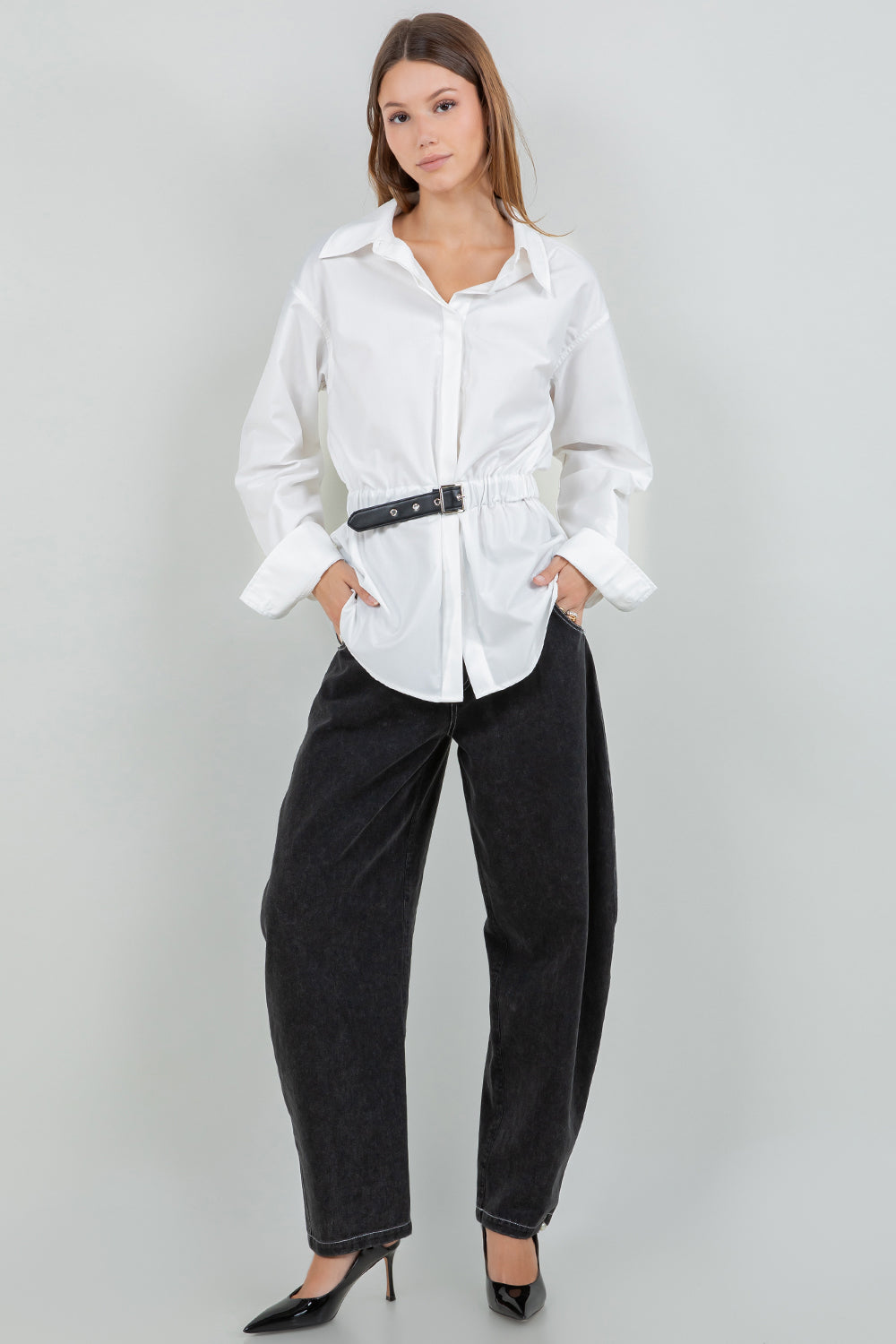 Belted Button Down Top - white, womens top collection
