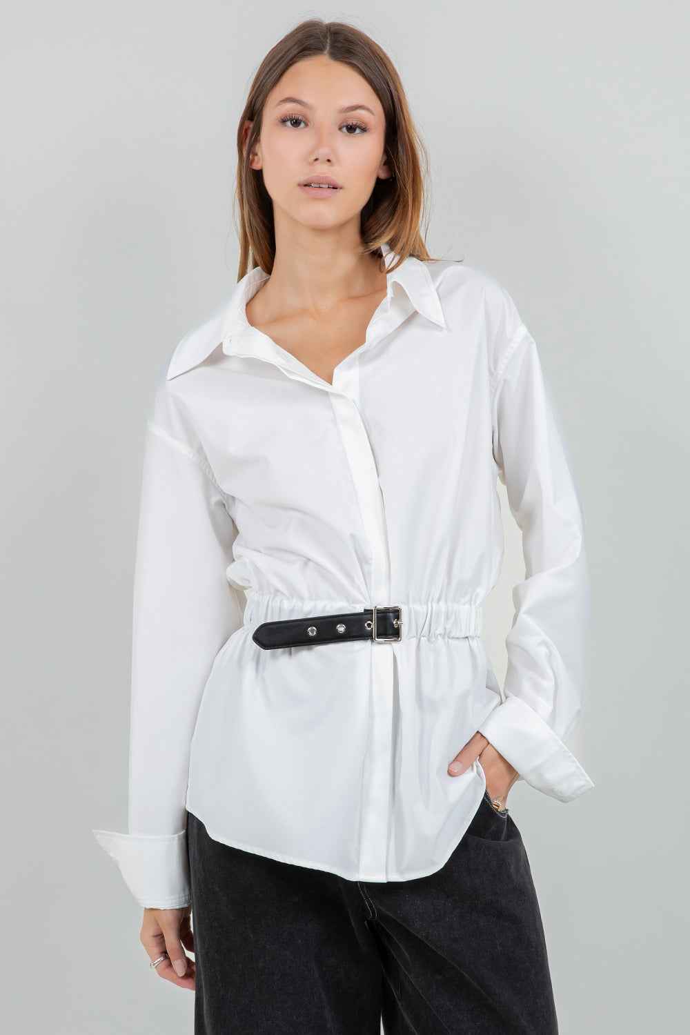 Belted Button Down Top - white, womens top collection