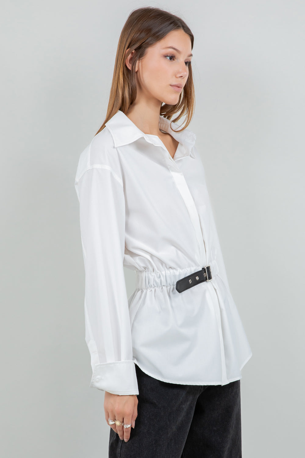 Belted Button Down Top - white, womens top collection