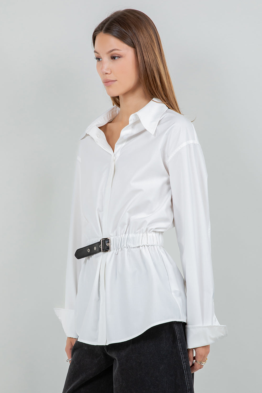 Belted Button Down Top - white, womens top collection