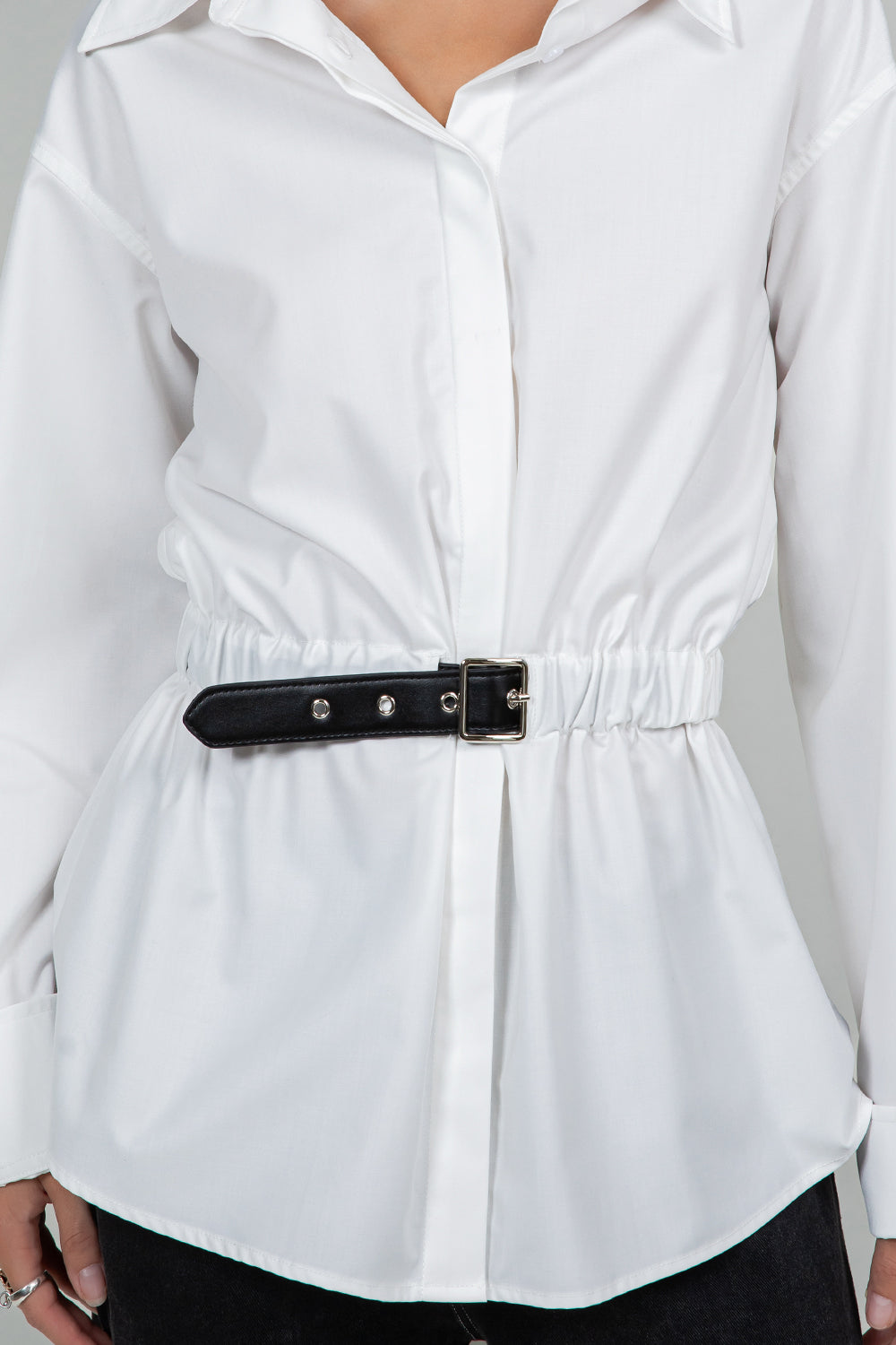 Belted Button Down Top - white, womens top collection