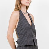 Rhinestone Pinstripe Halter Top - charcoal, womens top/matching set collection