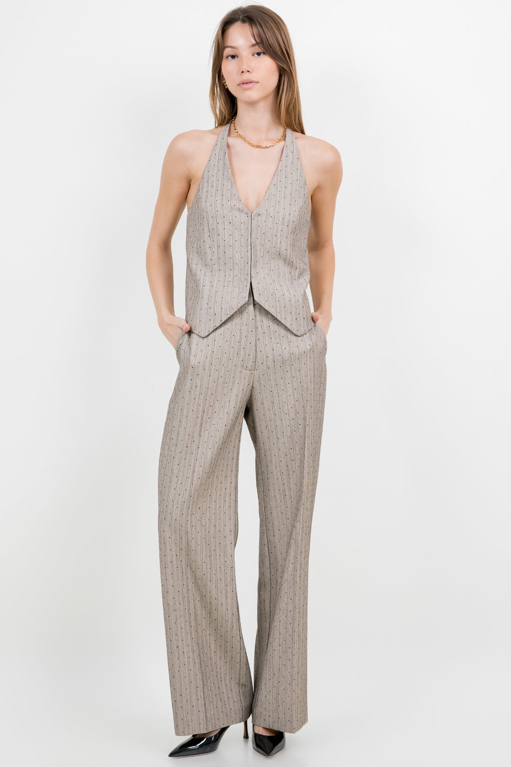 Rhinestone Pinstripe Halter Top - taupe, womens top/matching set collection