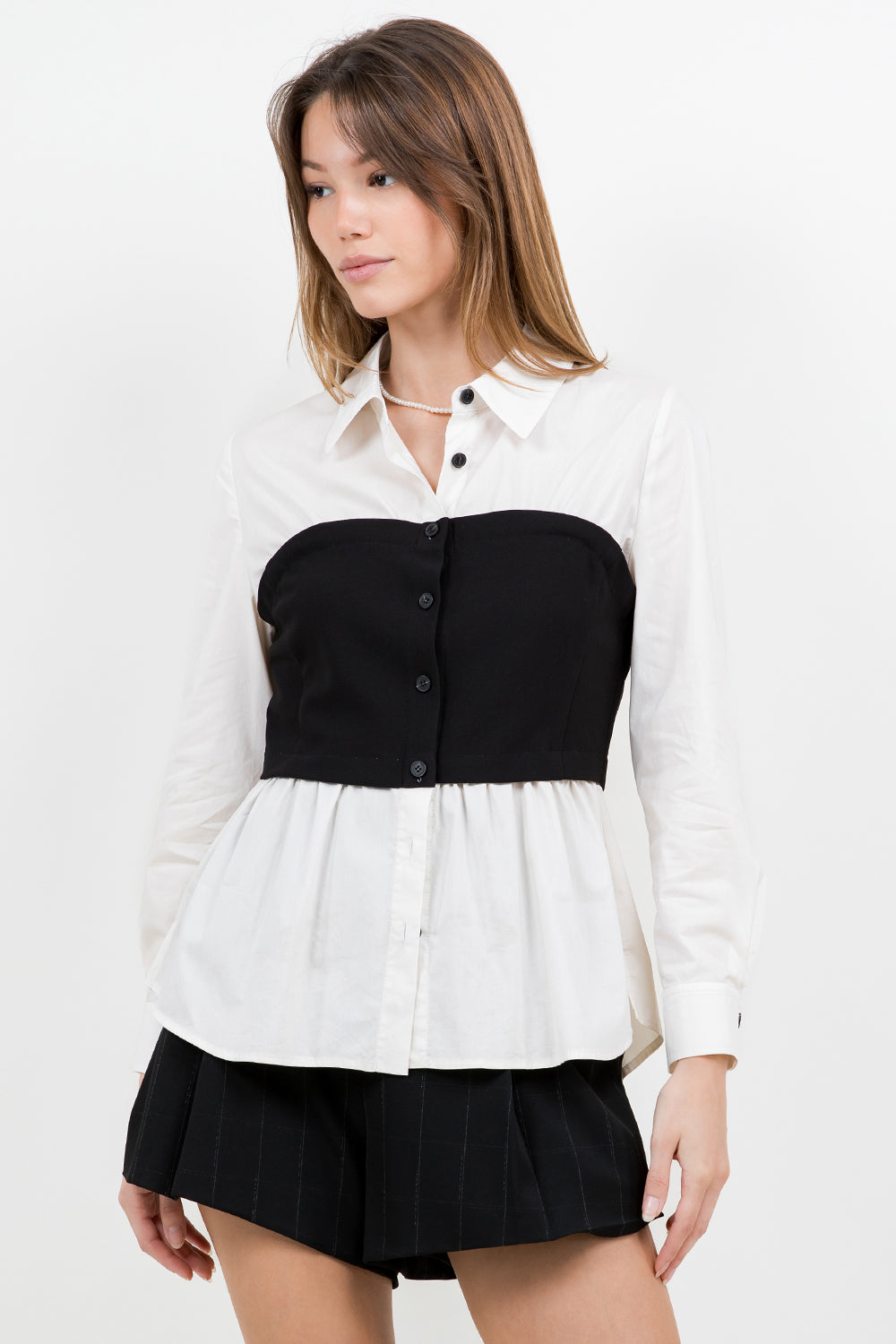 Poplin Button Down With Contrast Bust - Ivory/Black, Women's Tops Collection