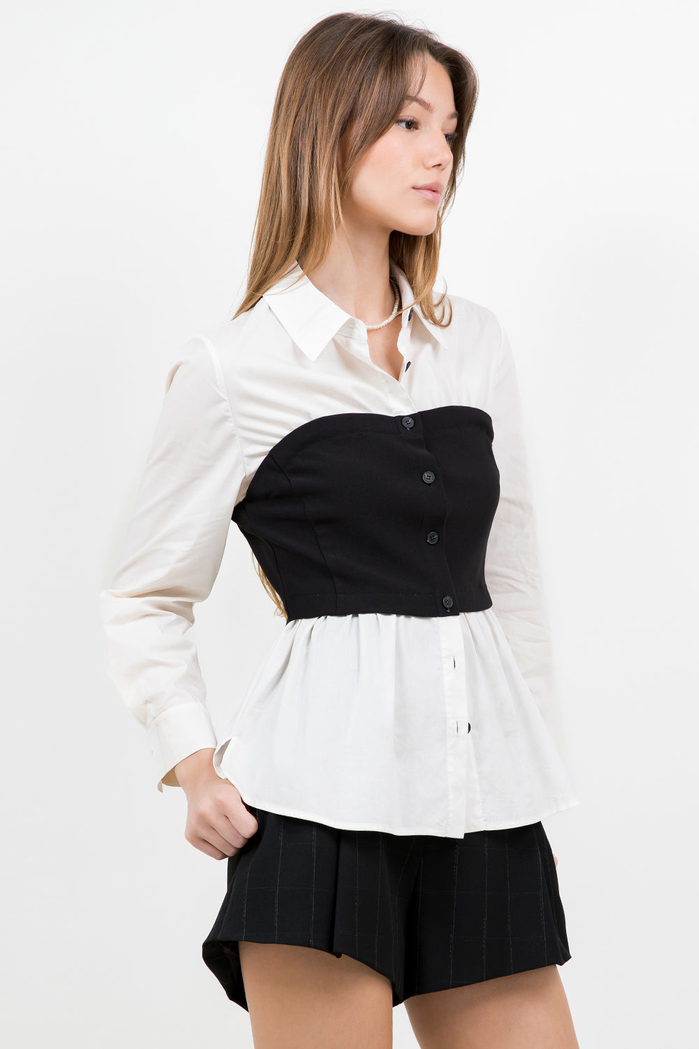 Poplin Button Down With Contrast Bust - Ivory/Black, Women's Tops Collection