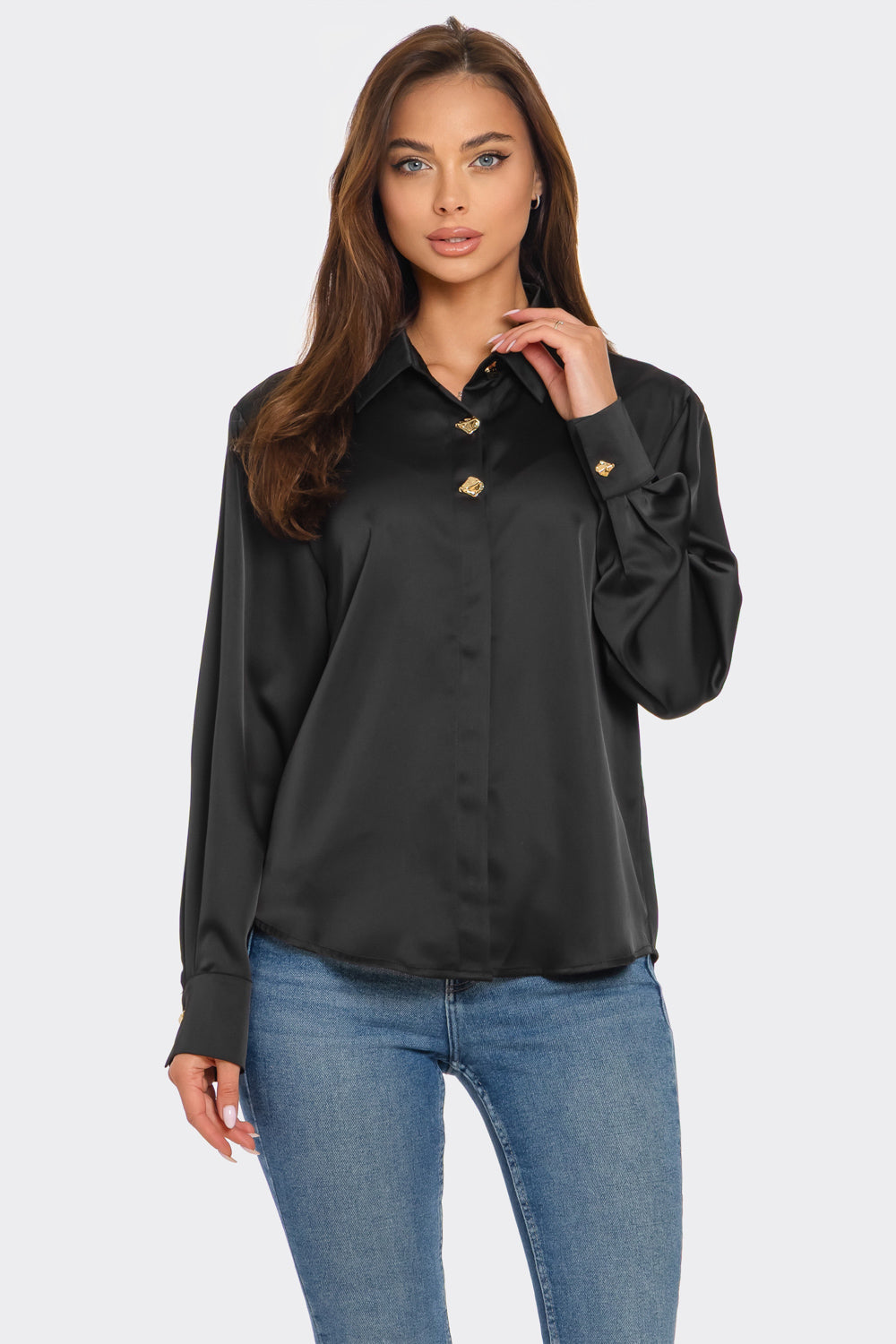 Gold Button Satin Effect Top - black with 2 gold buttons, womens top collection