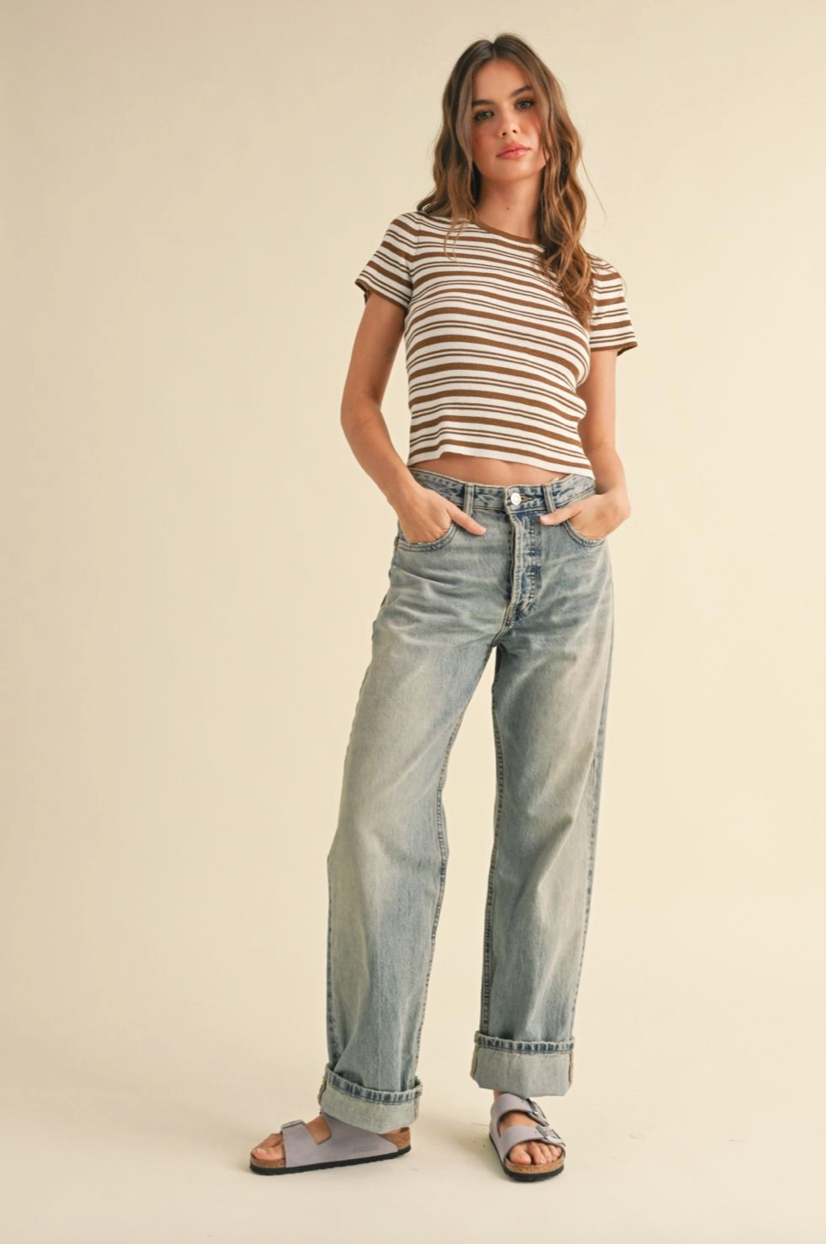 Stripe Knit Top -brown/white stripe, womens shirt collection