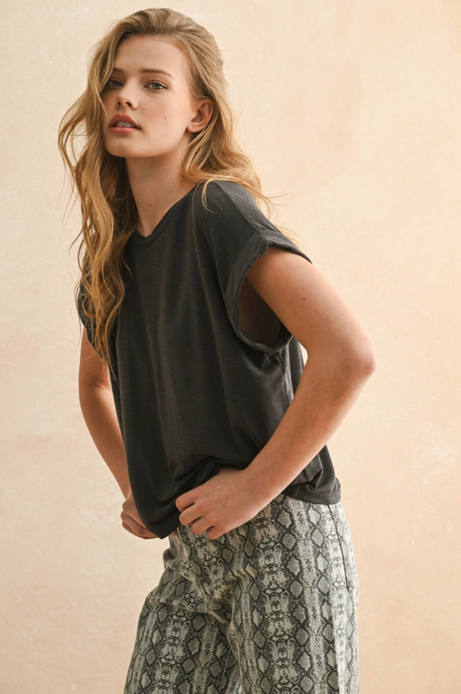 Short Sleeve Tencel Top - Charcoal, womens shirt collection